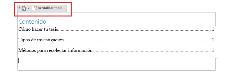 cómo insertar índice en word
