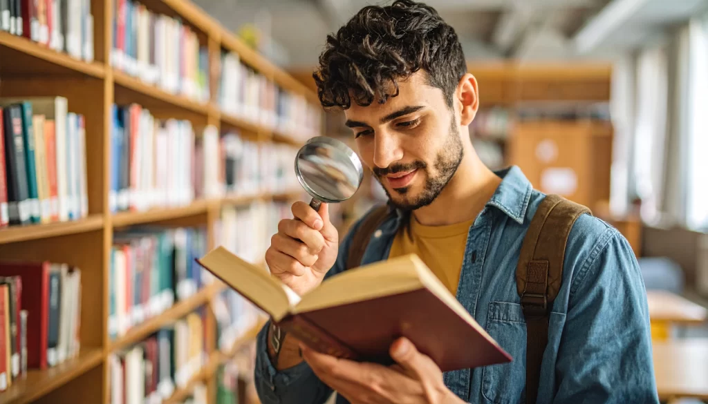Estudiante universitario en biblioteca revisando un libro con lupa, representando la búsqueda y análisis de los diferentes tipos de objetivos de investigación para tesis, ideal para ilustrar una guía sobre cómo elegir y redactar objetivos exitosos en proyectos académicos.