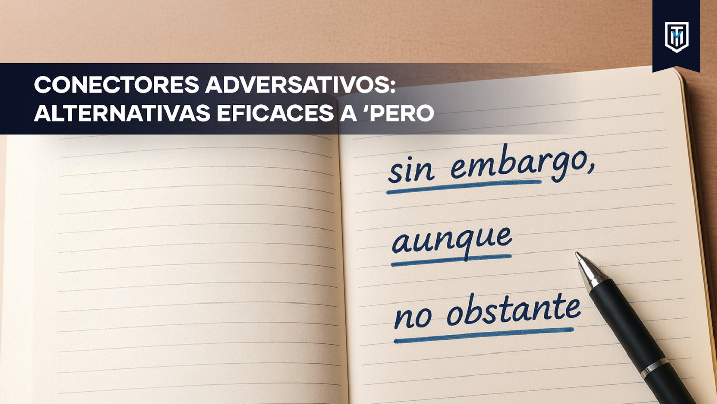 Mano señalando un documento con mensaje “¿Abusás del ‘pero’? Conectores adversativos para tesis”.