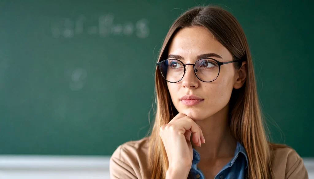 Profesora universitaria pensativa frente a una pizarra, simbolizando el análisis y comparación entre investigación cualitativa y cuantitativa en el ámbito académico.