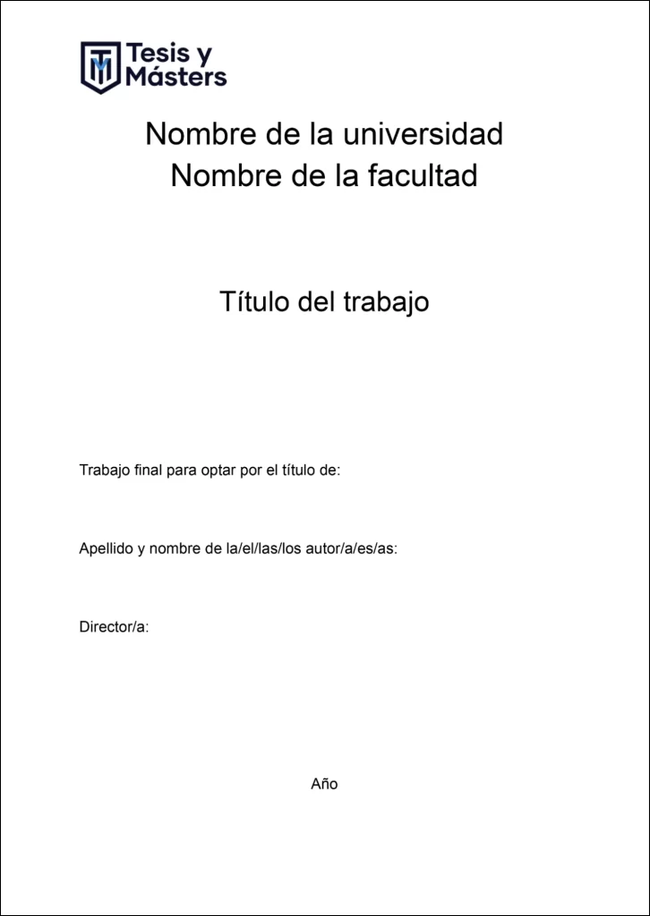 Plantilla de portada institucional con universidad y facultad centradas, título, tipo de trabajo y titulación, autor, director y año